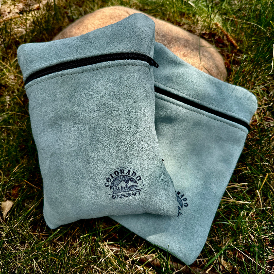 Set of Two Grey Suede Leather Medium Zipper Pouches