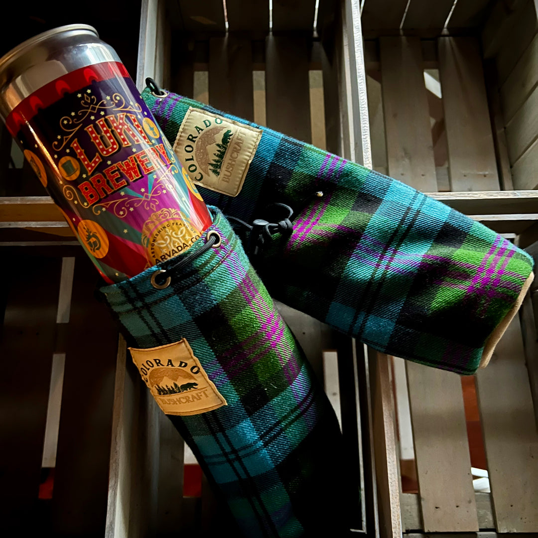 Handmade 100% tartan wool and Wool Insulated Beer Crowler / Wine Bottle Carrier Bushcraft Round Bag