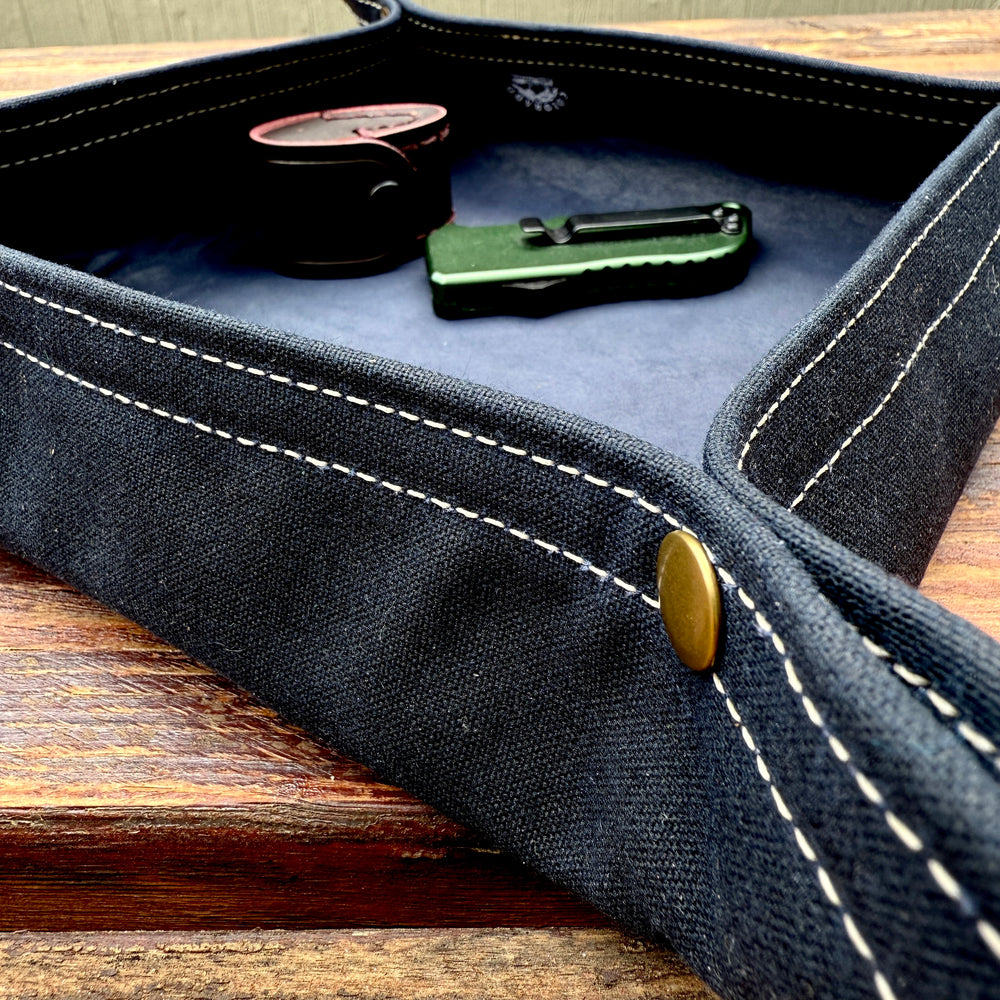 Large Navy Blue Leather Lined Lined Waxed Canvas Desk Caddy Organinzer Tray Butler