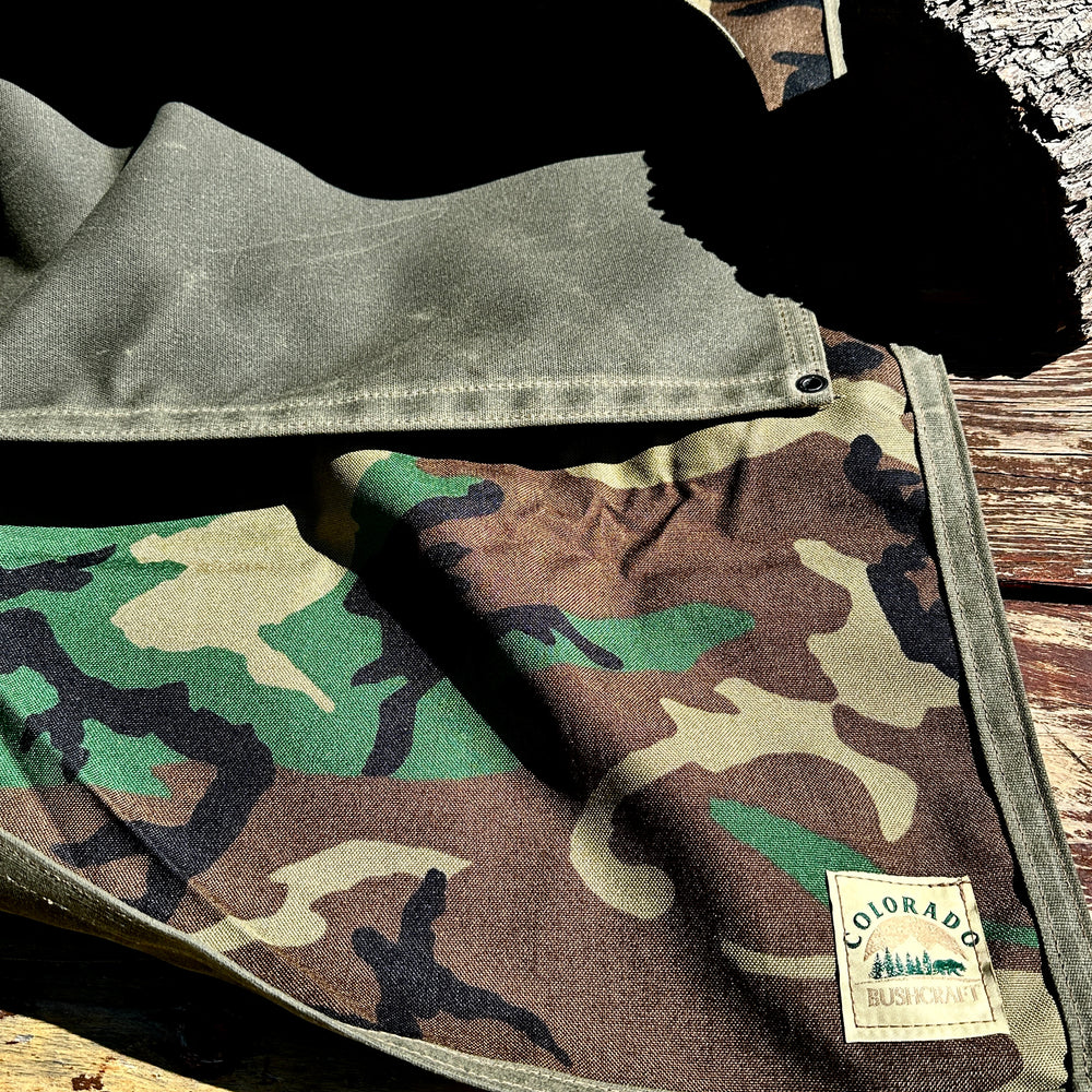 Extra Large Heavy Duty Waxed Canvas and 600D Cordura Woodland Camo Lined Bushcraft Ground Cloth