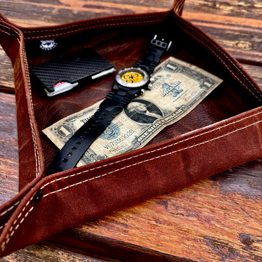 Large Kodiak Leather Lined Lined Waxed Canvas Desk Caddy Organinzer Tray Butler