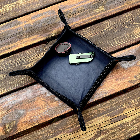 Large Navy Blue Leather Lined Lined Waxed Canvas Desk Caddy Organinzer Tray Butler