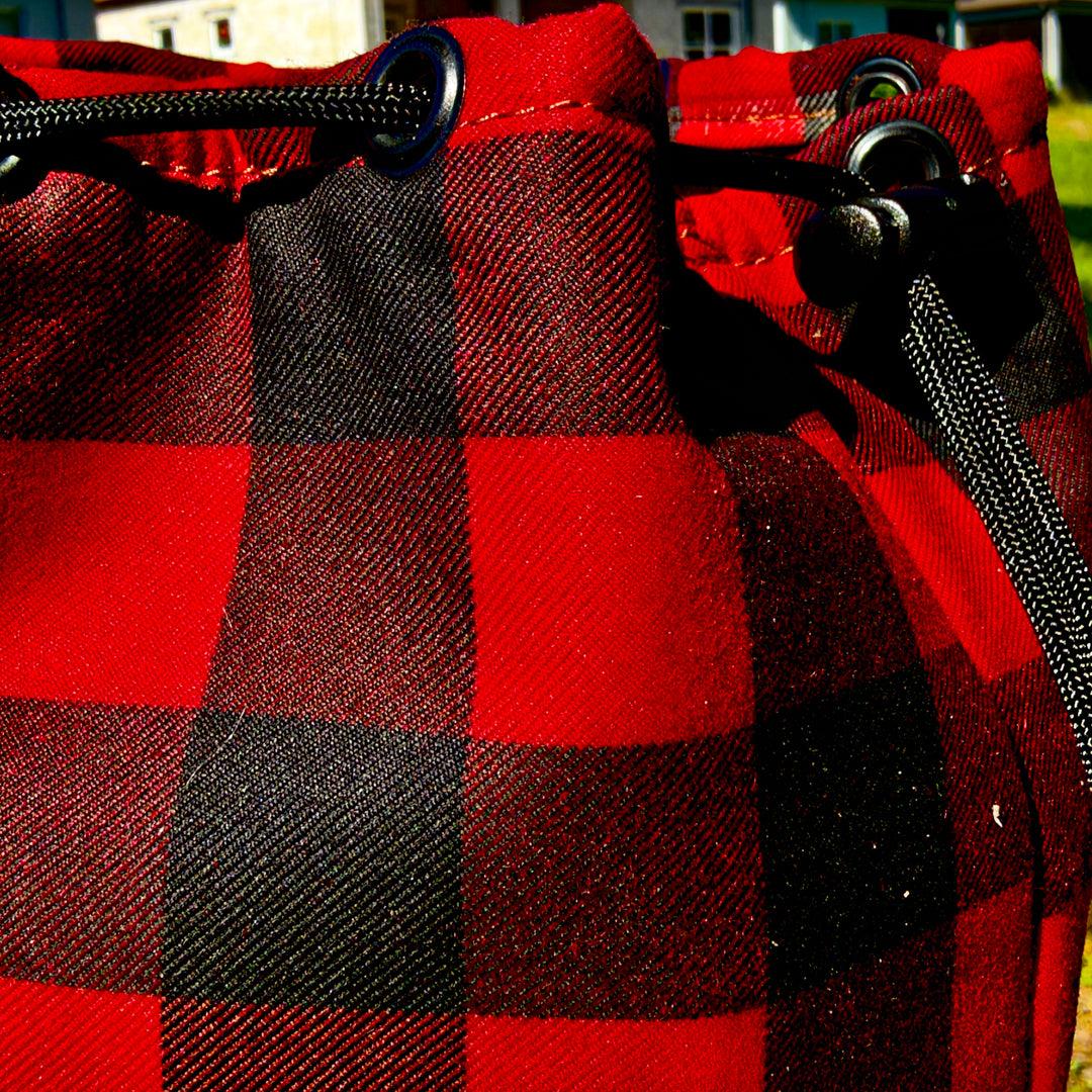 Buffalo Plaid Waxed Canvas and Wool Lined Round Bottom Bush Pot Bag