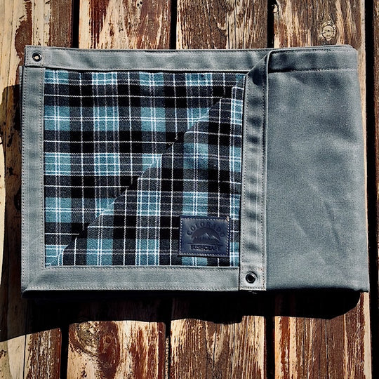 Extra Large 18 oz Charcoal Waxed Canvas and Ancient Clarke Tartan Wool Lined Bushcraft Ground Cloth