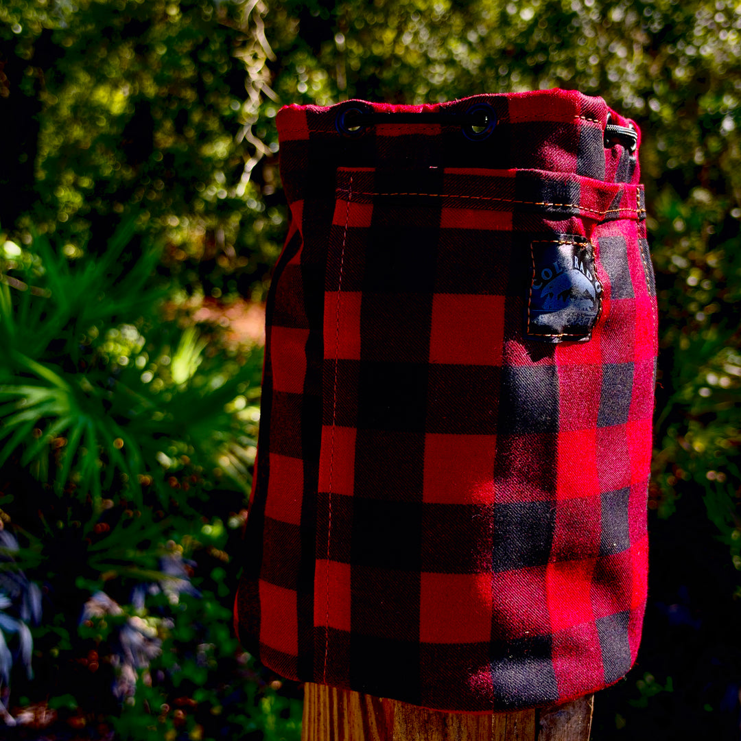 Buffalo Plaid Waxed Canvas and Wool Lined Round Bottom Bush Pot Bag