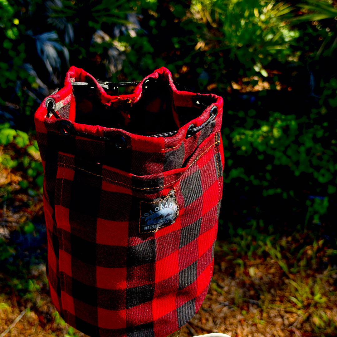 Buffalo Plaid Waxed Canvas and Wool Lined Round Bottom Bush Pot Bag