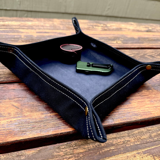 Large Navy Blue Leather Lined Lined Waxed Canvas Desk Caddy Organinzer Tray Butler