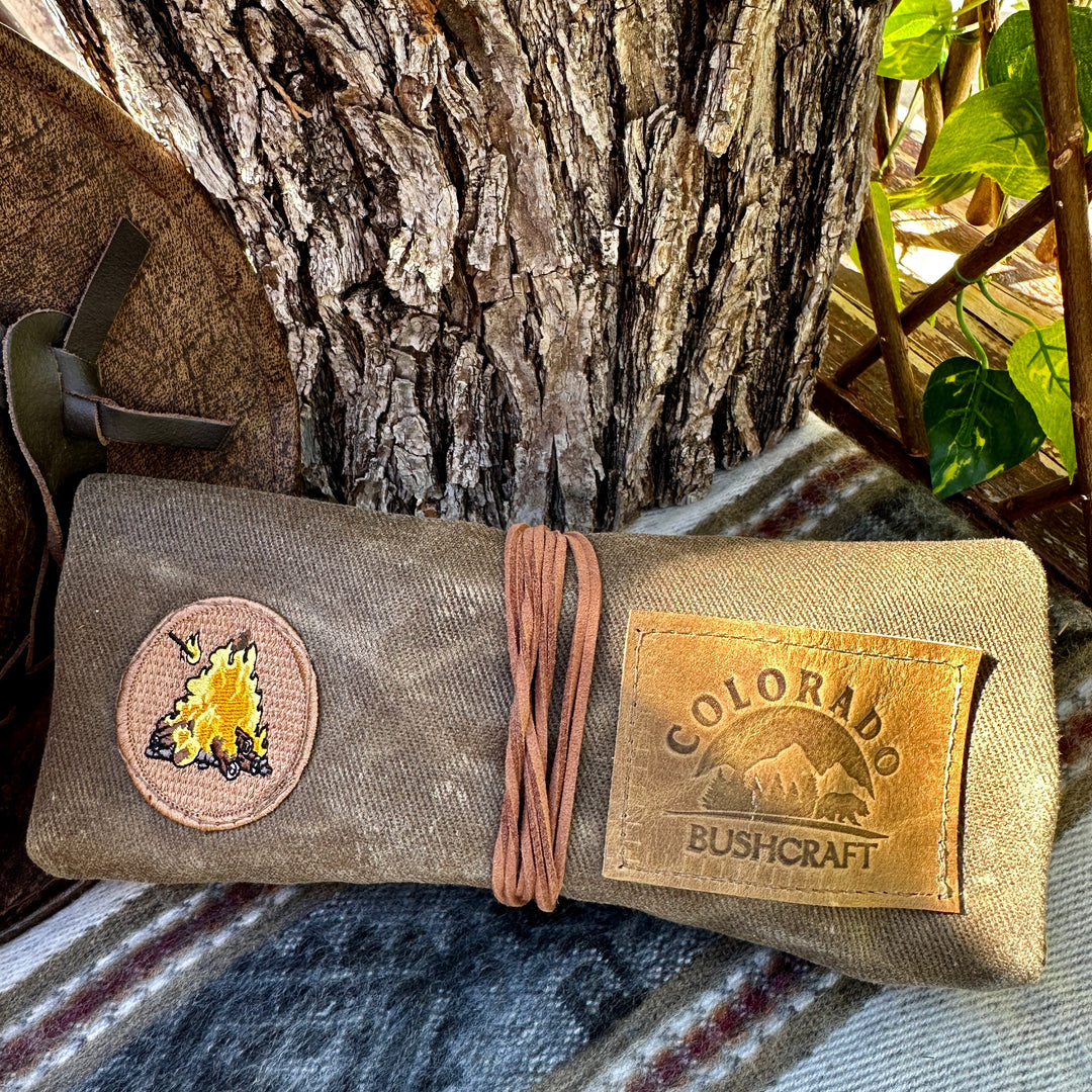 18 oz Waxed Canvas Braveheart Roll Pouch Ultimate Fire Kit Waxed Canvas Pouch with Nathan_4071 Hand Turned Wood Handle Ferrocium Rod/Striker