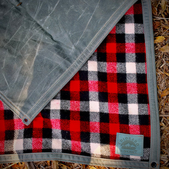 Extra Large Waxed Canvas and American Plaid Wool Lined Bushcraft Ground Cloth
