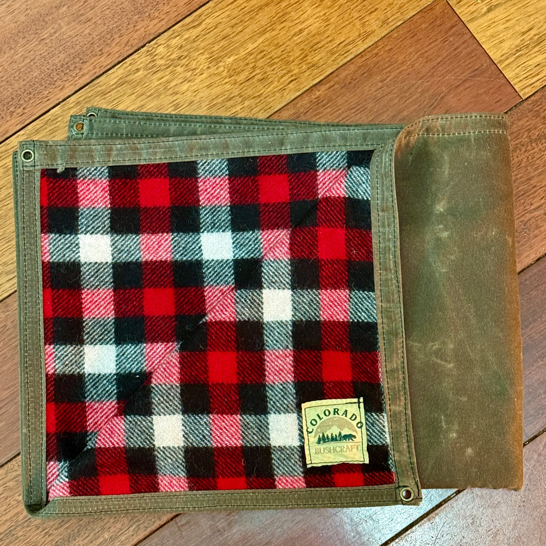 Extra Large Waxed Canvas and American Plaid Wool Lined Bushcraft Ground Cloth