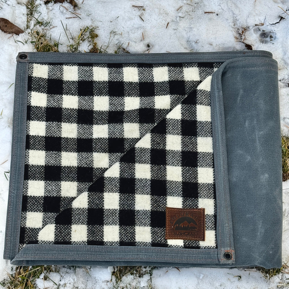 Extra Large Heavy Weight Waxed Canvas and B/W Buffalo Plaid Wool Lined Bushcraft Ground Cloth