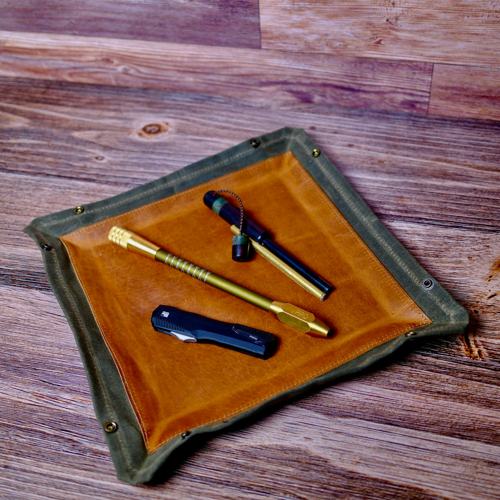 Large Leather Lined Lined Waxed Canvas Desk Caddy Organinzer Tray Butler