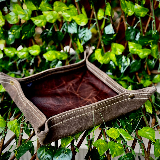 Large Waxed Canvas and Kodiak Leather Lined Lined  Desk Caddy Organinzer Tray Butler