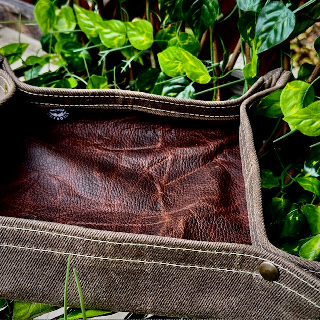 Large Waxed Canvas and Kodiak Leather Lined Lined  Desk Caddy Organinzer Tray Butler