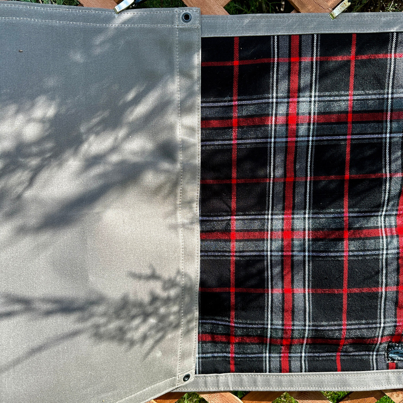 Large 18 oz Zinc Waxed Canvas and Tartan Wool Lined Bushcraft Ground Cloth