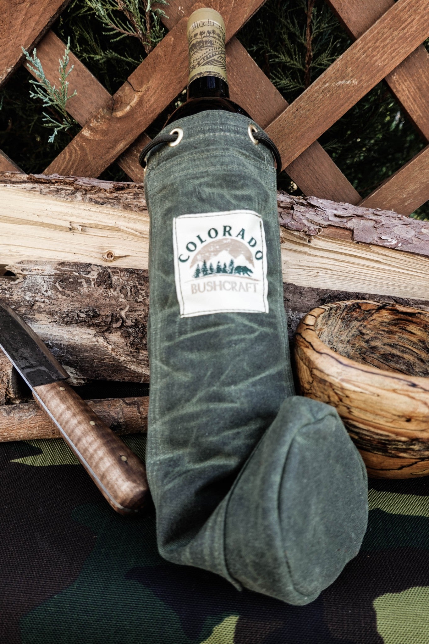 Handmade Waxed Canvas Wool Insulated Bushcraft Wine Bottle Carrier Coozie - Colorado Bushcraft