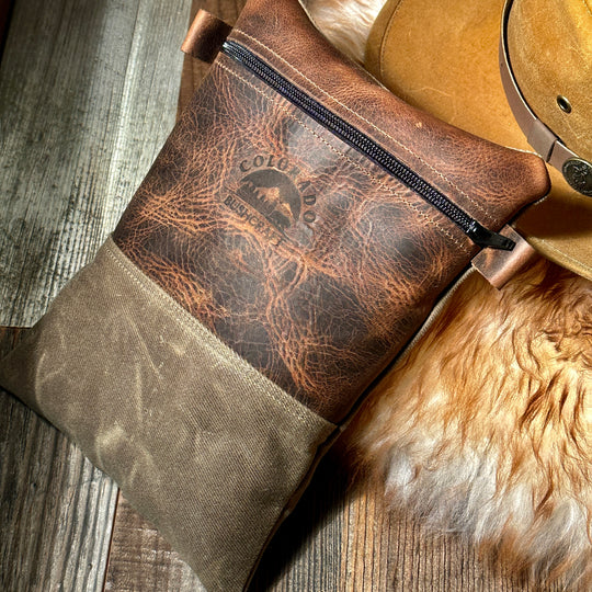 Settlers Collection:  American Bison Leather and Waxed Canvas Pioneer Pouch Bushcraft Survival Camping Possibles Dopp Grooming