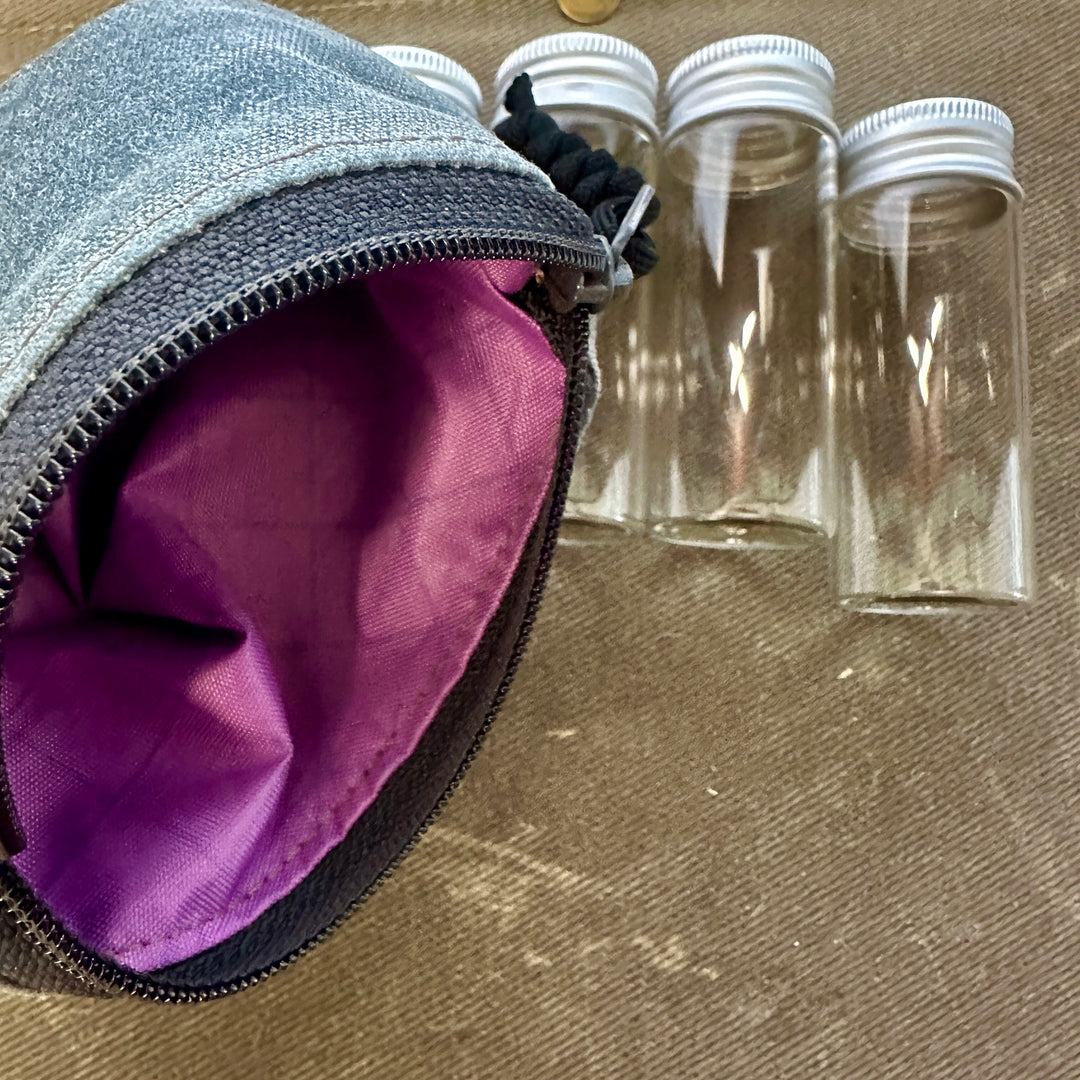 Top Zip Waxed Canvas Spice Pouch / Hiking / Bushcraft / Camping / Survival (Includes 4 large Bottles)