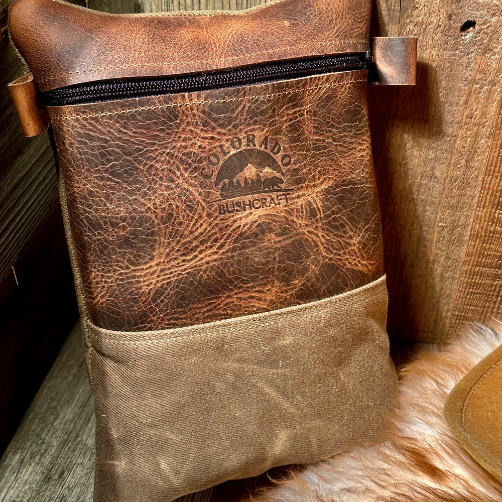 Settlers Collection:  American Bison Leather and Waxed Canvas Pioneer Pouch Bushcraft Survival Camping Possibles Dopp Grooming