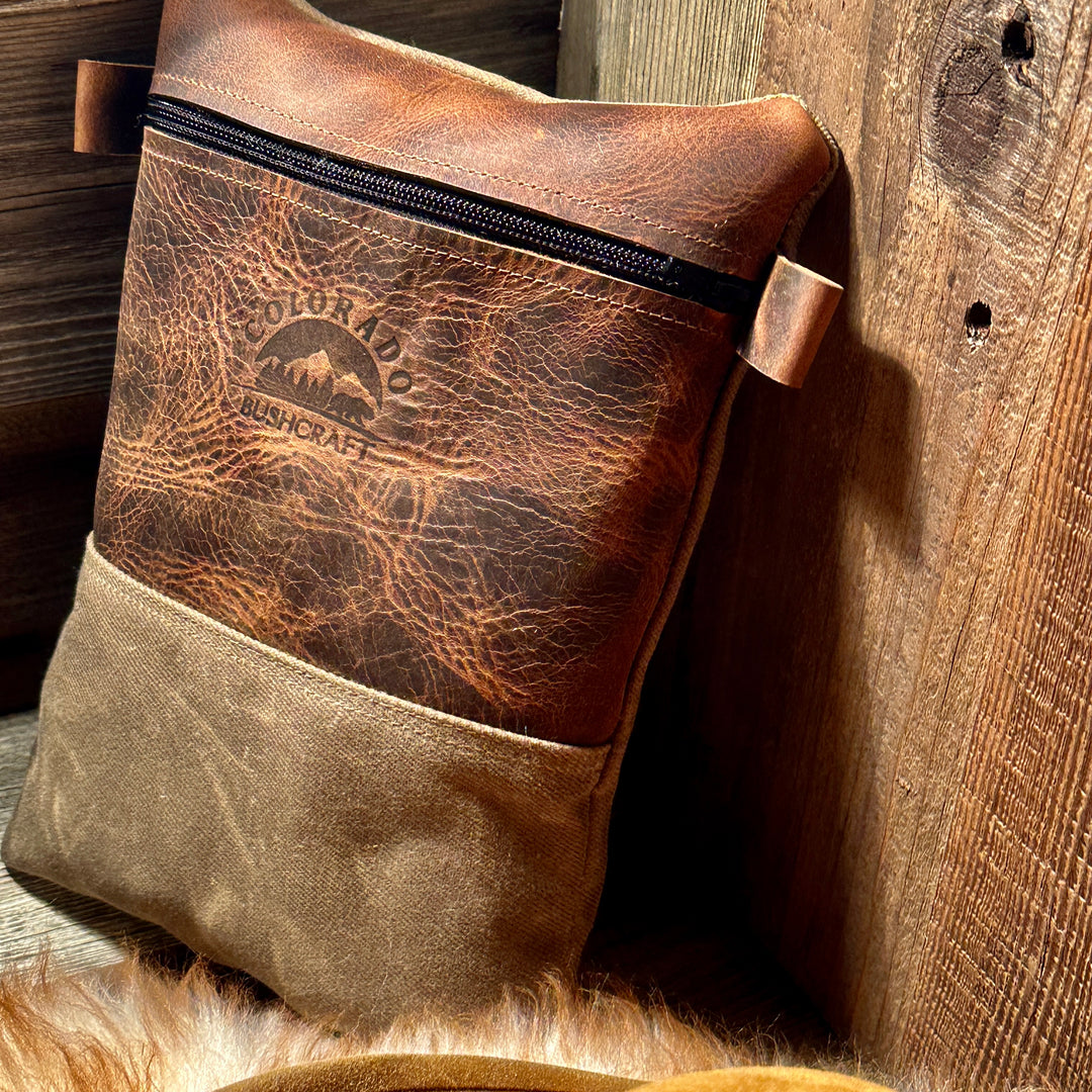 Settlers Collection:  American Bison Leather and Waxed Canvas Pioneer Pouch Bushcraft Survival Camping Possibles Dopp Grooming