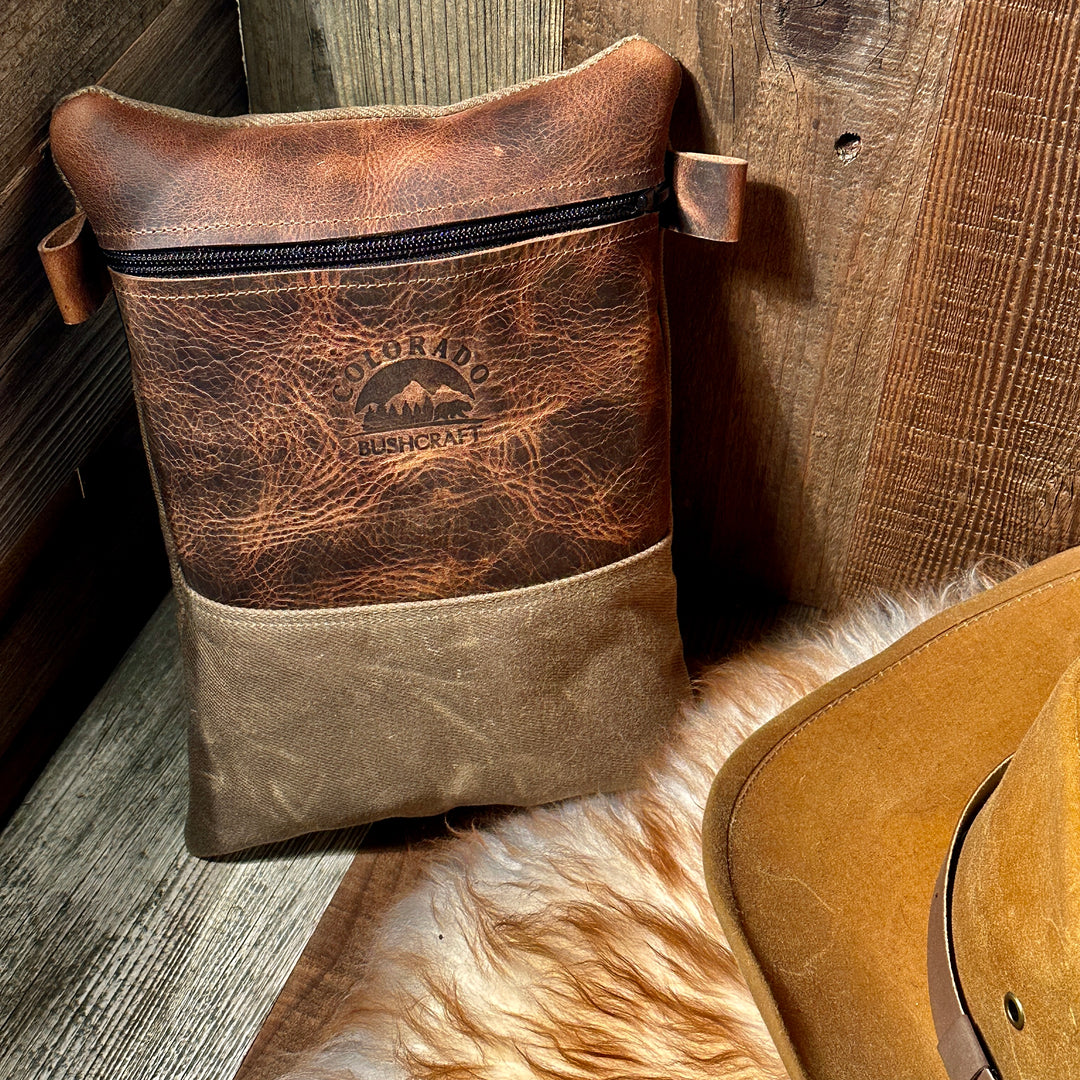 Settlers Collection:  American Bison Leather and Waxed Canvas Pioneer Pouch Bushcraft Survival Camping Possibles Dopp Grooming